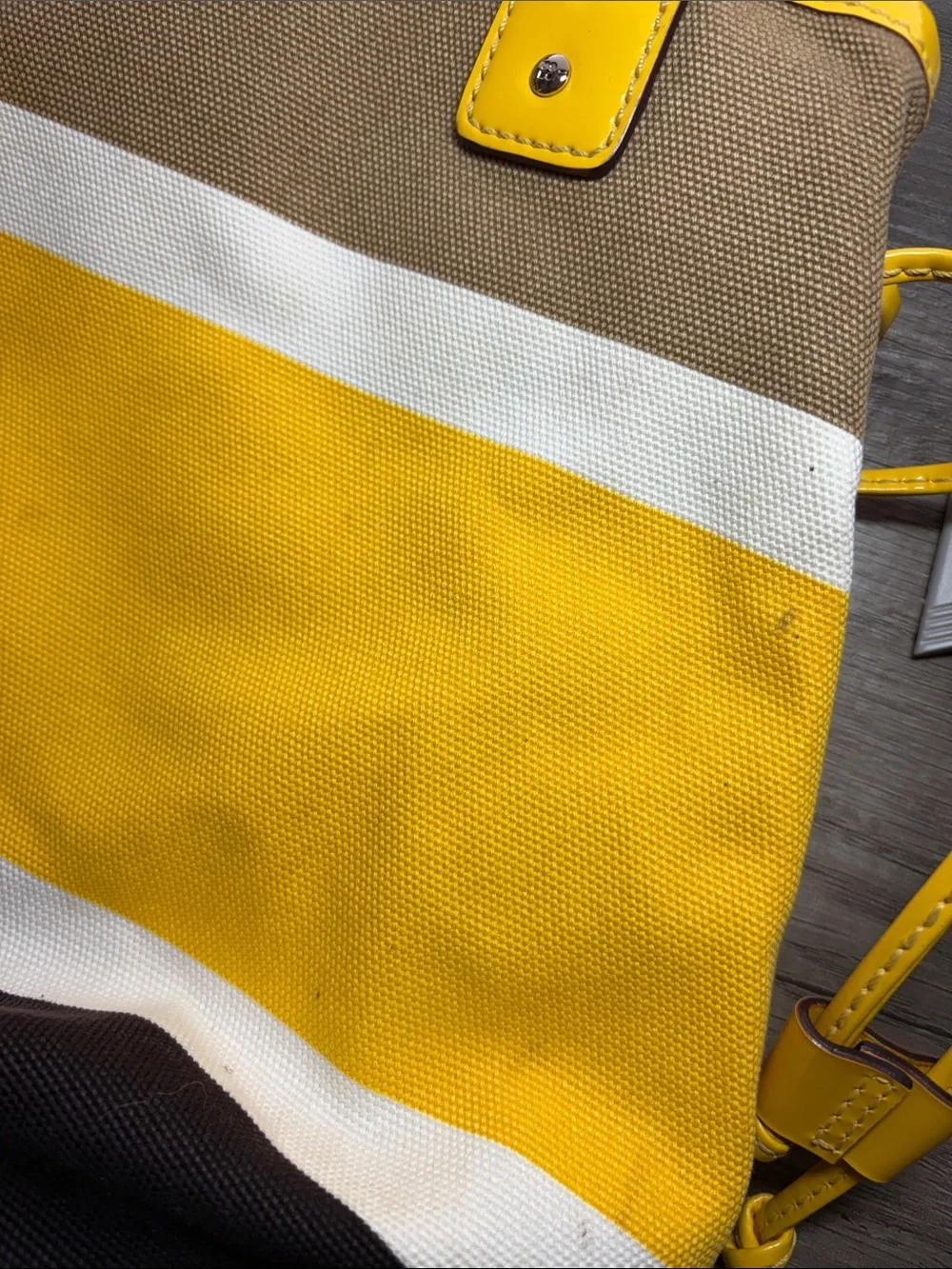 Striped Yellow, white and brown Canvas Bag with Patent Trim